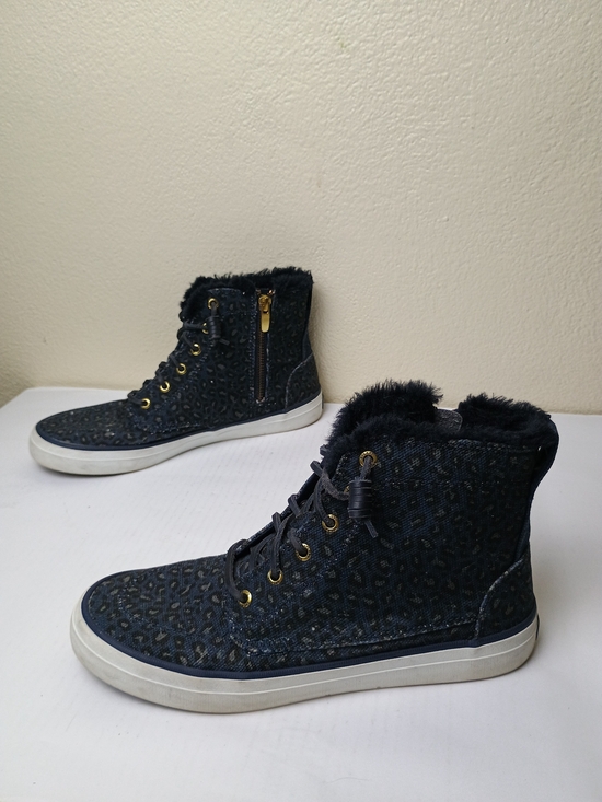 Sperry Shoes - Sperry Top-Sider Crest 8.5M Blue Gold Leopard-Print Faux Fur High-Top Sneakers